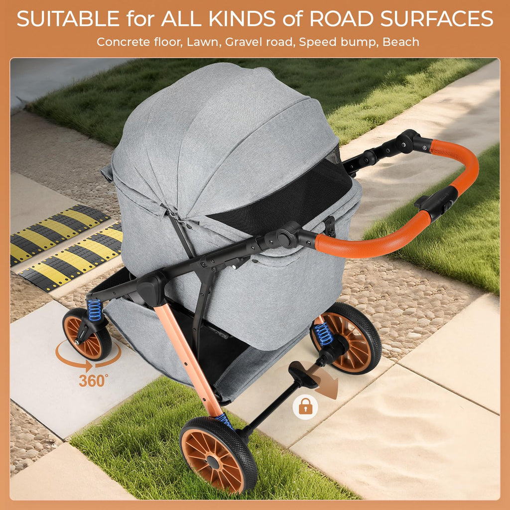 MAMIZO Foldable Dog Stroller for Medium Dogs Cats Up to 33 Lbs, Adjustable Height Handle, Pet Stroller with Aluminum and Carbon Steel Frame, Sun Shades, Storage Basket & Shock Absorbers, All-Terrain