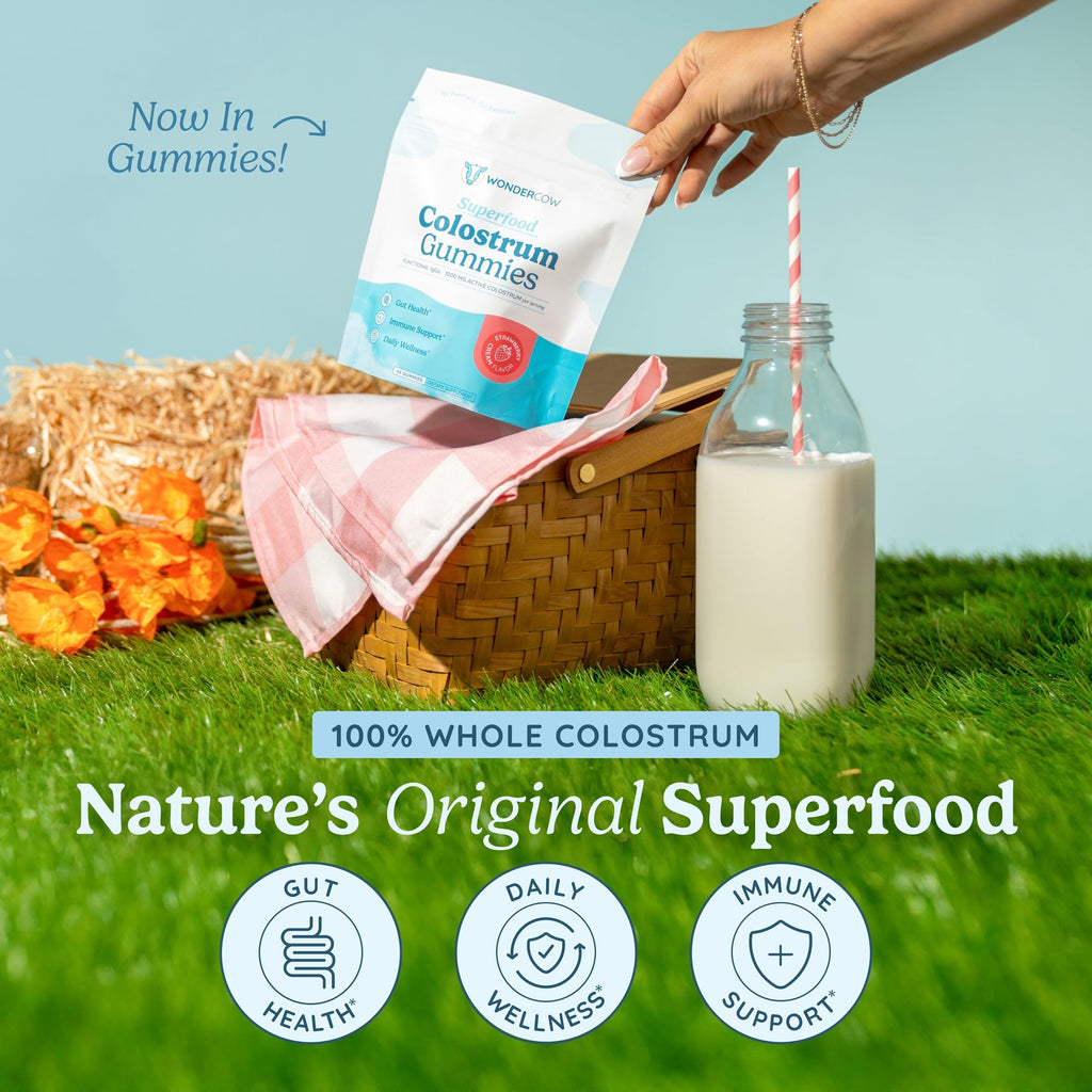 WONDERCOW Colostrum Gummies for Gut Health, Immune Support & Wellness | Natural IgG Whole Bovine Colostrum Supplement, 1,000mg per Serving (90 Gummies (30 Servings), Strawberry Cream)