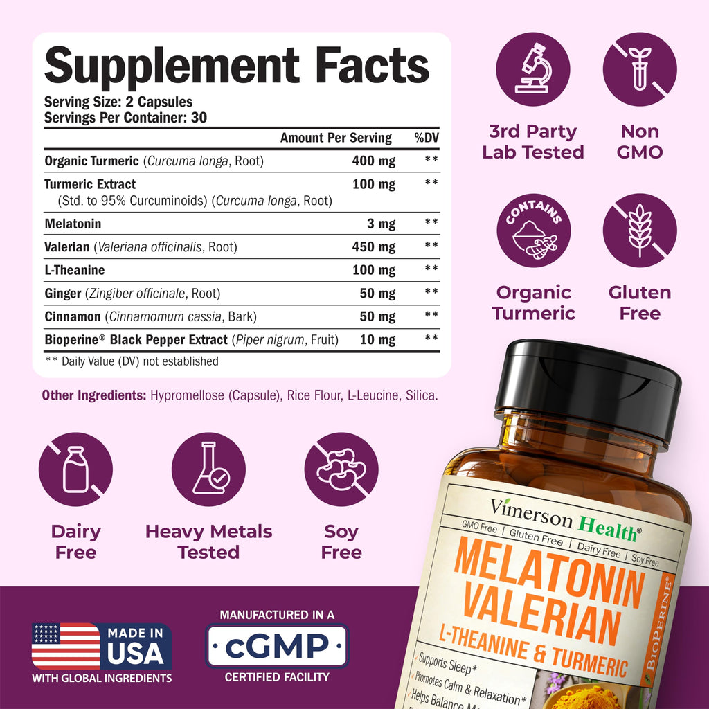 Melatonin 3mg Sleep Aid with L-Theanine & Valerian Root – Turmeric Curcumin Supplement with Ginger & Black Pepper – Organic Turmeric Supplement for Sleep, Calm and Stress Relief Support – 2 Pack