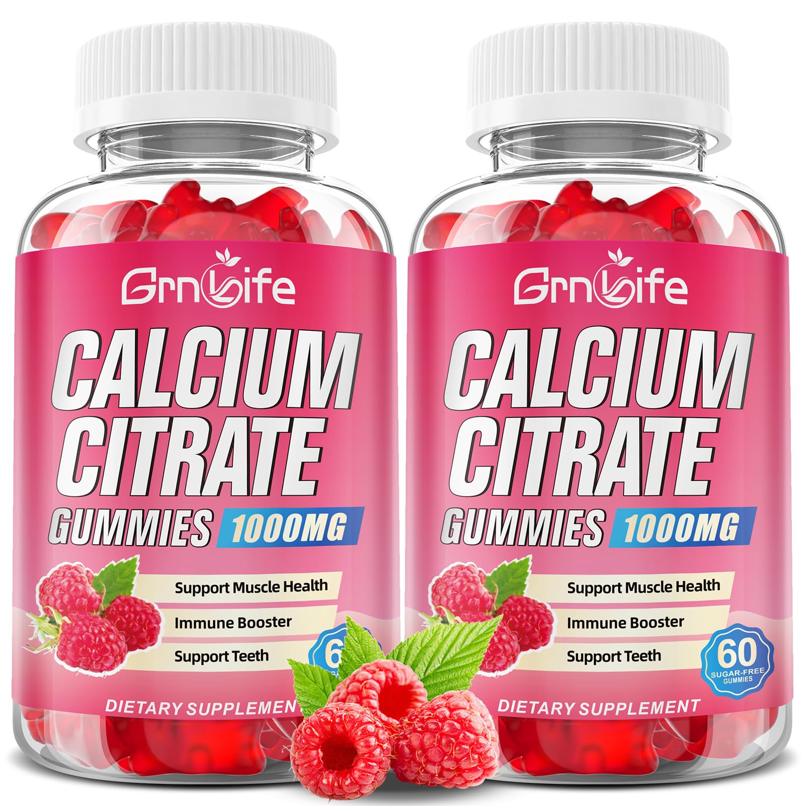 2 Pack Calcium Citrate Gummies, Sugar Free Calcium Citrate 1000mg for Muscle Healthy, Absorption Calcium Supplements for Adults & Kids, Raspberry, 120 Count