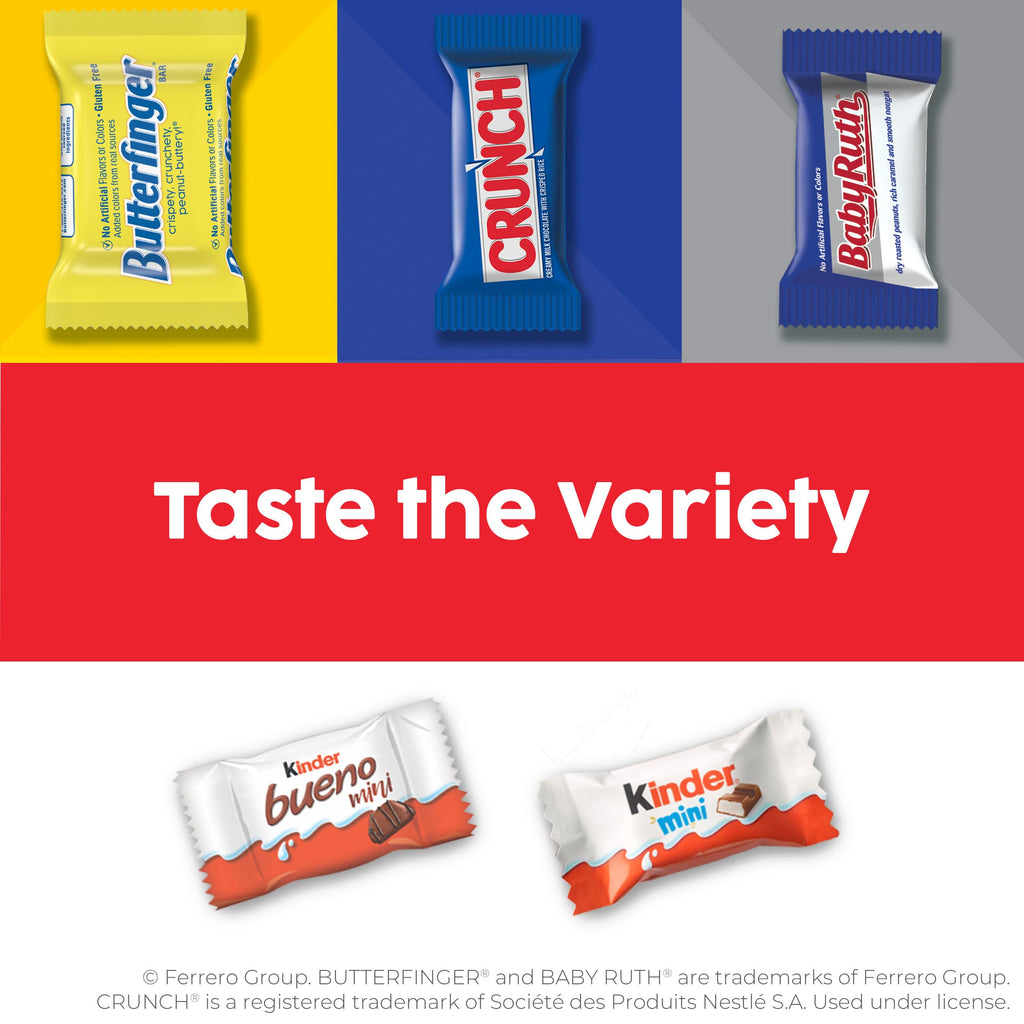Butterfinger, CRUNCH, Baby Ruth, 100 Grand, Kinder Bueno, Kinder Chocolate, Halloween Candy Fun Size, 130 Minis, 36.9 oz