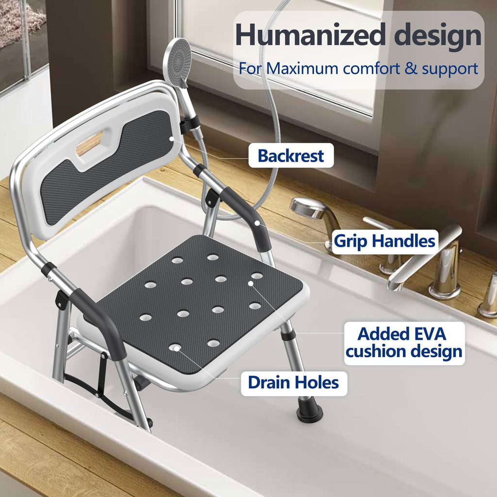 Foldable Shower Chair for Inside Shower with Arms and Back, Shower Chair for Elderly and Disabled with Adjustable Height,Folding Bath Chairs for Seniors,Quick-Assembly & Comfortable