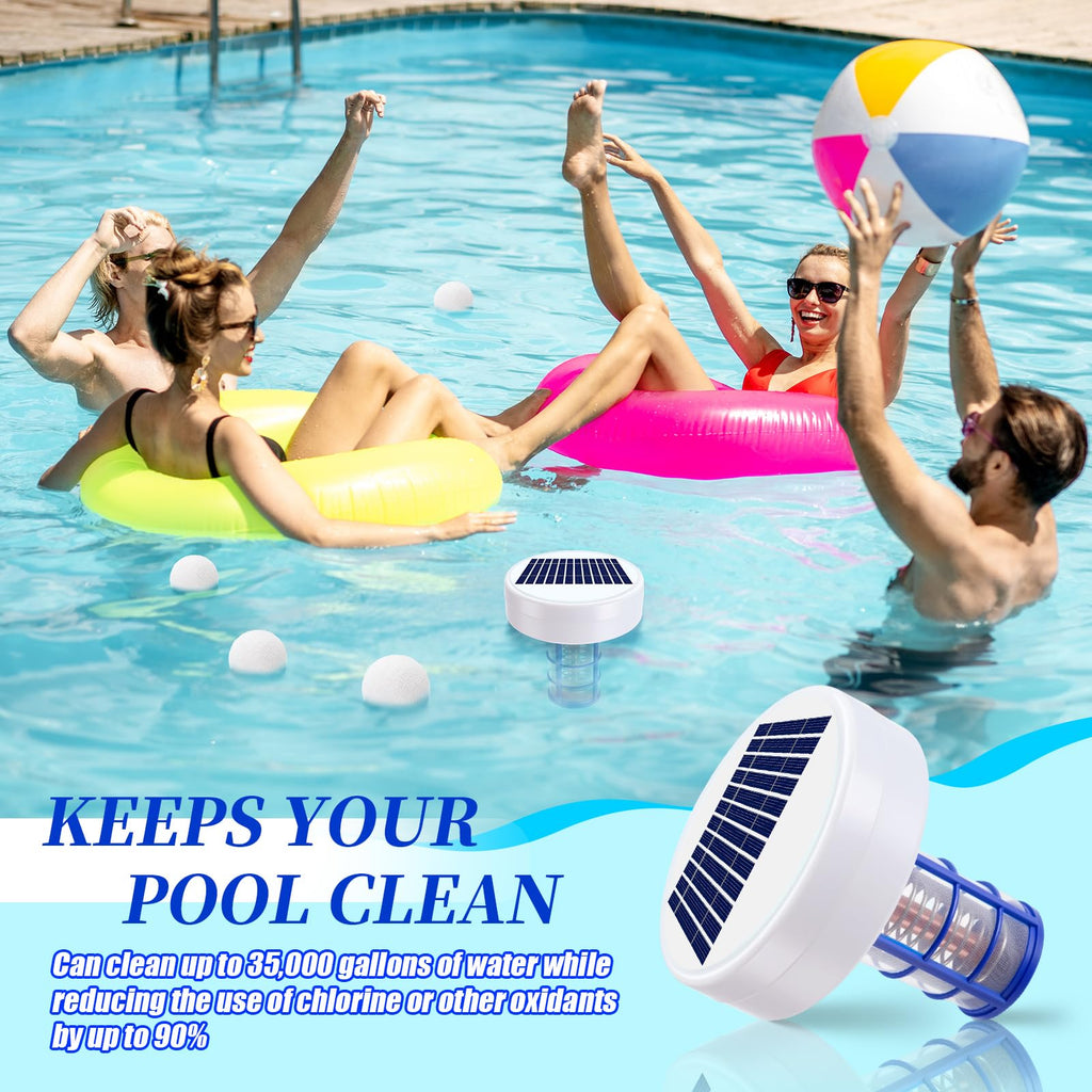 Qualirey Solar Pool Ionizer Automatic Floating Pool Cleaner, Water Ionizer with 4 Pcs Scum Eliminating Ball, for Above Ground and Inground Pools, up to 35, 000 Gallons (Without Light)