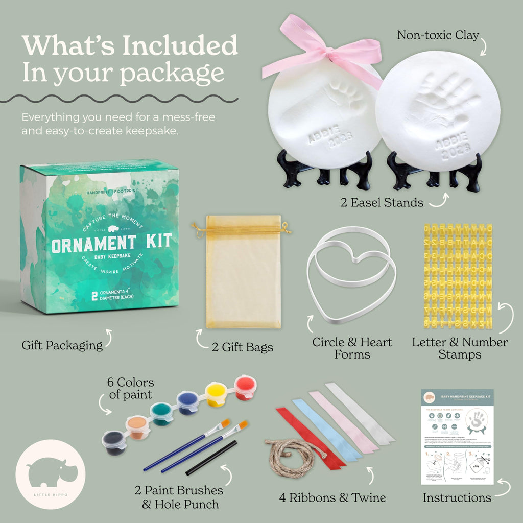 Little Hippo Baby Ornament Keepsake Kit (Newborn Bundle) - 2 Easels, 4 Ribbons & Letters! Handprint and Footprint Clay Casting Kit for Baby Shower Gifts, Boys & Girls