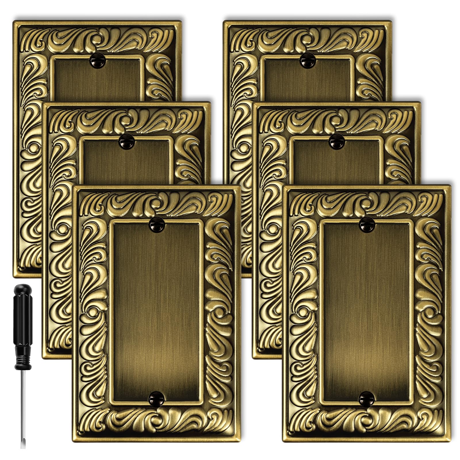 Antique Brass Decorative Wall Plate Light Switch Cover Decorator Outlet Covers Rocker Switch Plates Metal Material Wall Plates for Kitchen Bathroom (1 Gang Single Blank-6 Pack)