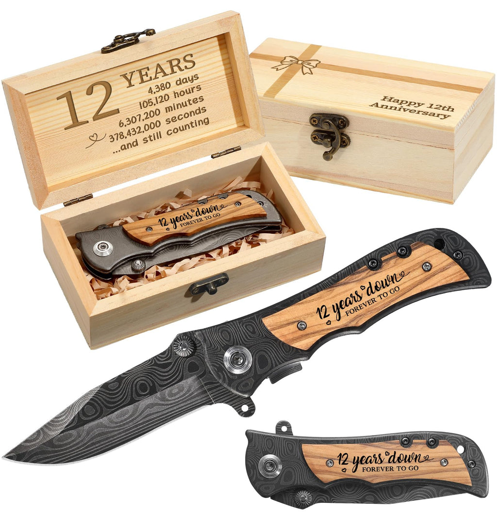 Lanties 12 Years Anniversary Keepsake Gifts for Him Engraved Pocket Knife with a Gift Box Happy Tin Anniversary Customized Wedding Birthday Father's Day Gifts for Men Husband