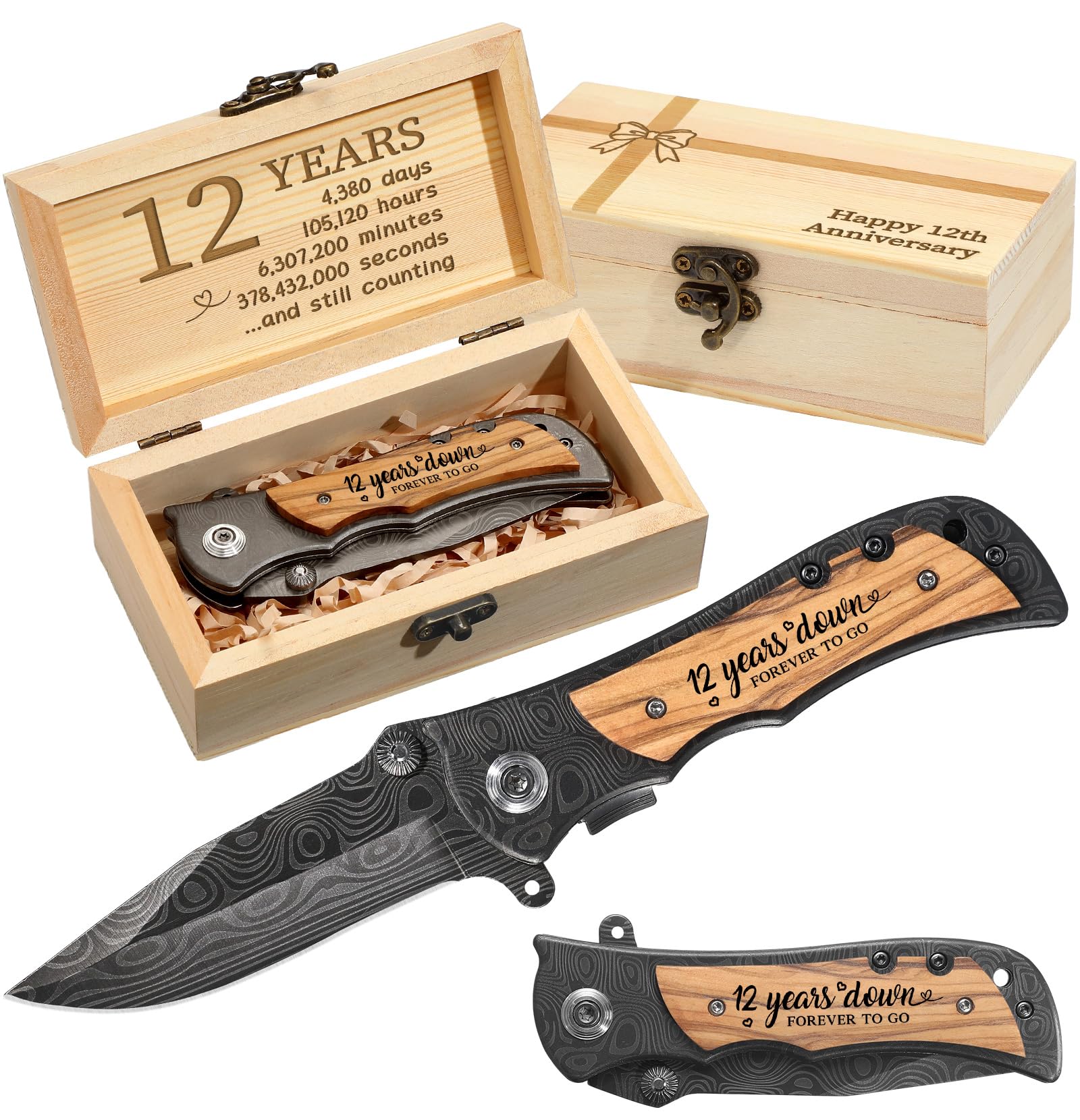 Lanties 12 Years Anniversary Keepsake Gifts for Him Engraved Pocket Knife with a Gift Box Happy Tin Anniversary Customized Wedding Birthday Father's Day Gifts for Men Husband