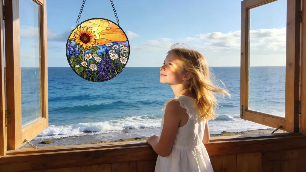 Argodaze Stained Glass Window Hanging - Sunflowers, Daisies, Lavender and Sunset 6.3 Inches Suncatcher for Garden Home Decor for Women Mom Grandma Friends