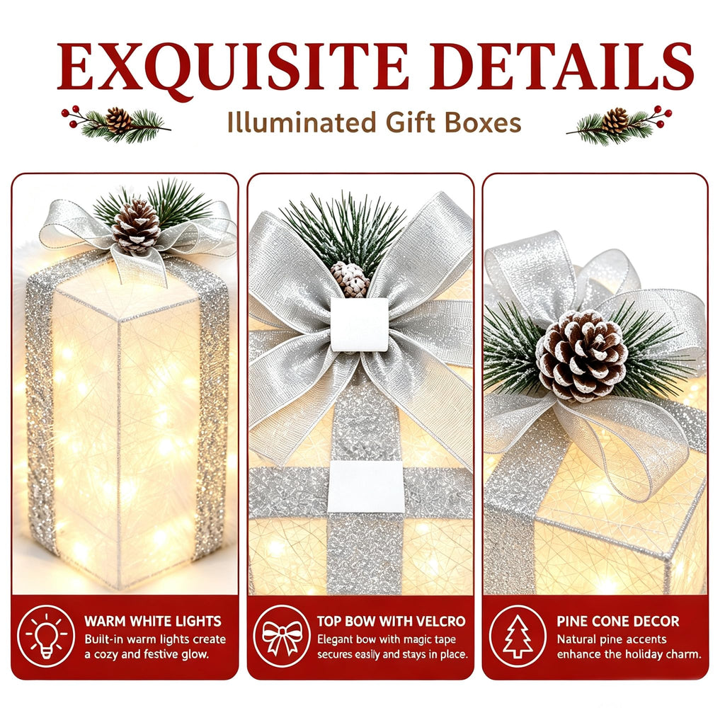 Set of 4 Christmas Lighted Gift Boxes, Battery Operated Xmas Decor
