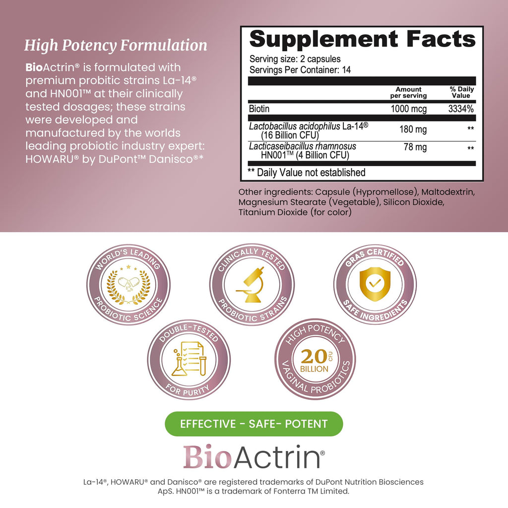 SIGNIFY NATURE Bioactrin Vaginal Probiotics for Women - Bacterial Vaginosis & Yeast Infection Treatment - BV Probiotic - pH Vaginitis Support-28 Pills