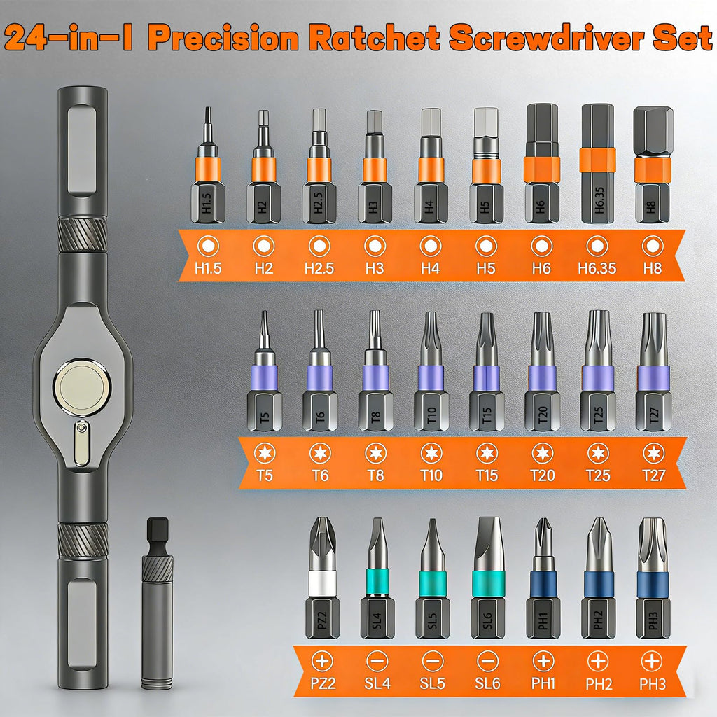 2026 New 24 in 1 Magnetic Ratchet Screwdriver Set, DIY Screwdriver Set with Detachable Handle, Portable Compact Repair Tool Kit for Furniture Laptop Electronicsv Bicycle
