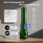 WdtPro LED Rechargeable Flashlight 2 Pack, 3 Modes Super Bright High Lumens Flashlights, Zoomable Tactical Flash Light with LCD Display, IP65 Waterproof Flashlights for Home Emergency Camping - Green