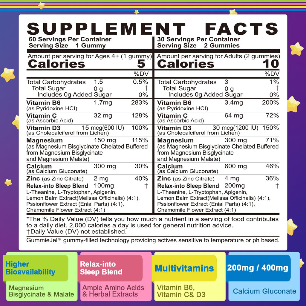 Neviss Magnesium Glycinate + Calcium Filled Gummies for Adults and Kids 4+, Kids Sleep Gummies Melatonin Free, Sugar Free Magnesium Supplement with B6 D3, L-Theanine for Zzz & Relax, Brain,Bone,Muscle