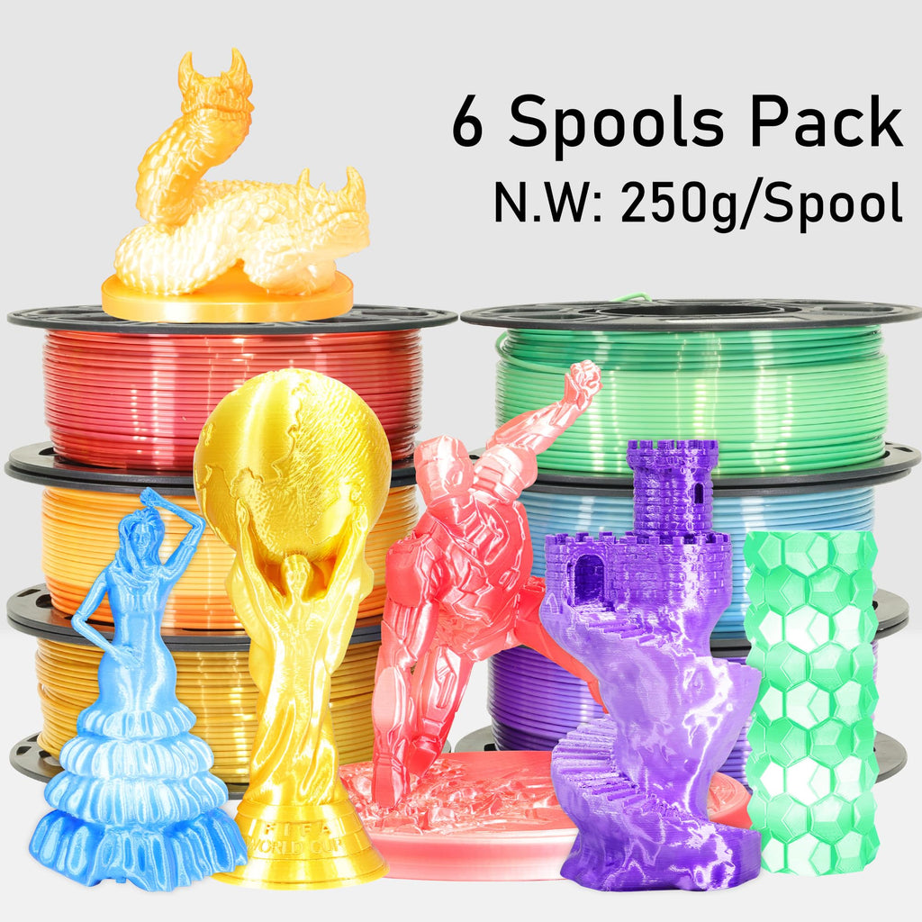 MIKA3D 2 Color Fast Change Silk PLA 1.75mm 3D Printer Filament Bundle, Silk White Color Change to Red/Orange/Gold/Green/Blue/Purple, Each Spool 250g, 6 Spools, Total 1.5kg Silk PLA Bundle 250g X 6