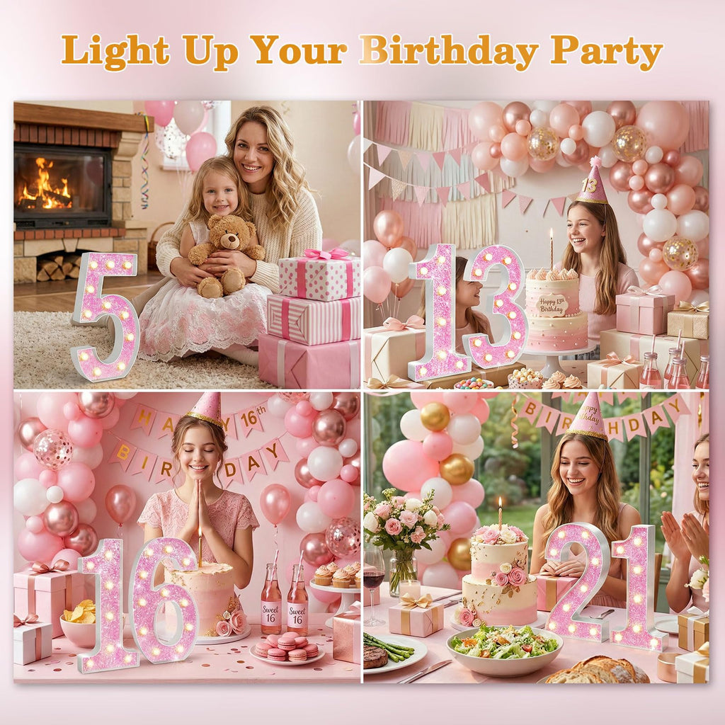 NANXU 12.6 Inch LED Pink Marquee Light Up Numbers, Sweet 70th Birthday Decorations Number Lights as Gifts for Women, Glitter Lighted Marquee Numbers for Pink Anniversary Party Table Decor, 70