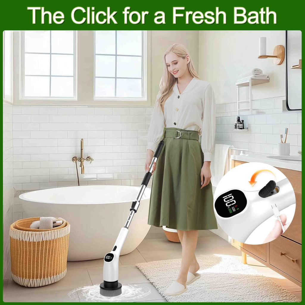 Electric Spin Scrubber, Shower Scrubber with Long Handle Adjustable LCD Display, 2 Speed Shower Cleaner, 7 Replaceable Brush Heads Bathroom Cleaning Brush, Bath Tub Power Scrubbers White G3