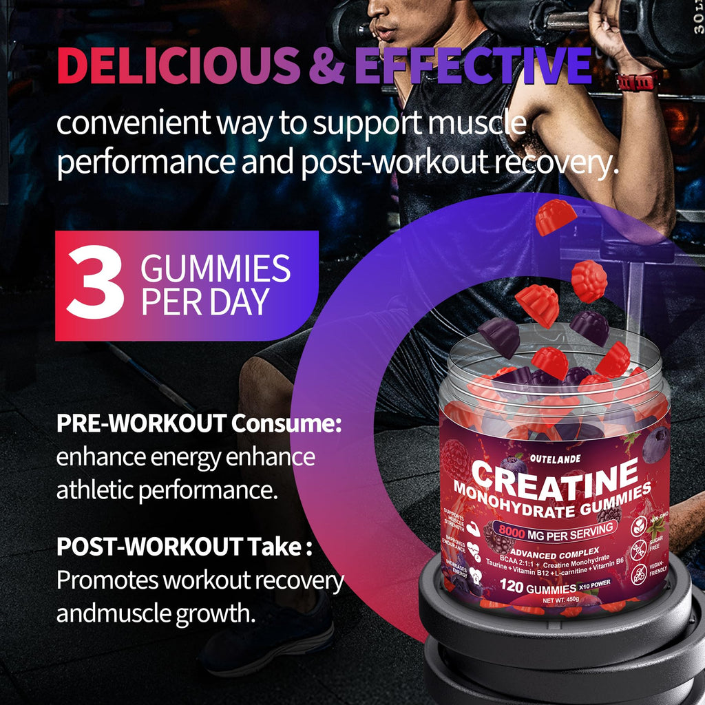 Creatine Monohydrate Gummies 8000 mg for Men & Women, Creatine Supplement for Enhanced Muscle Growth, Energy Boost - with L-Taurine, Sugar Free, Vegan, Raspberry BlackBerry Blueberry Flavor-120 Count