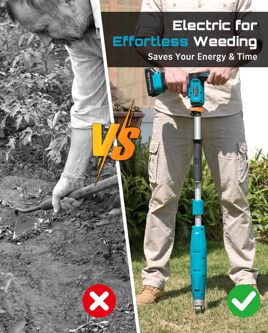 SEESII Electric Stand-Up Weed Puller, Steel 3-Claw Spiral, 40"-47" Handle