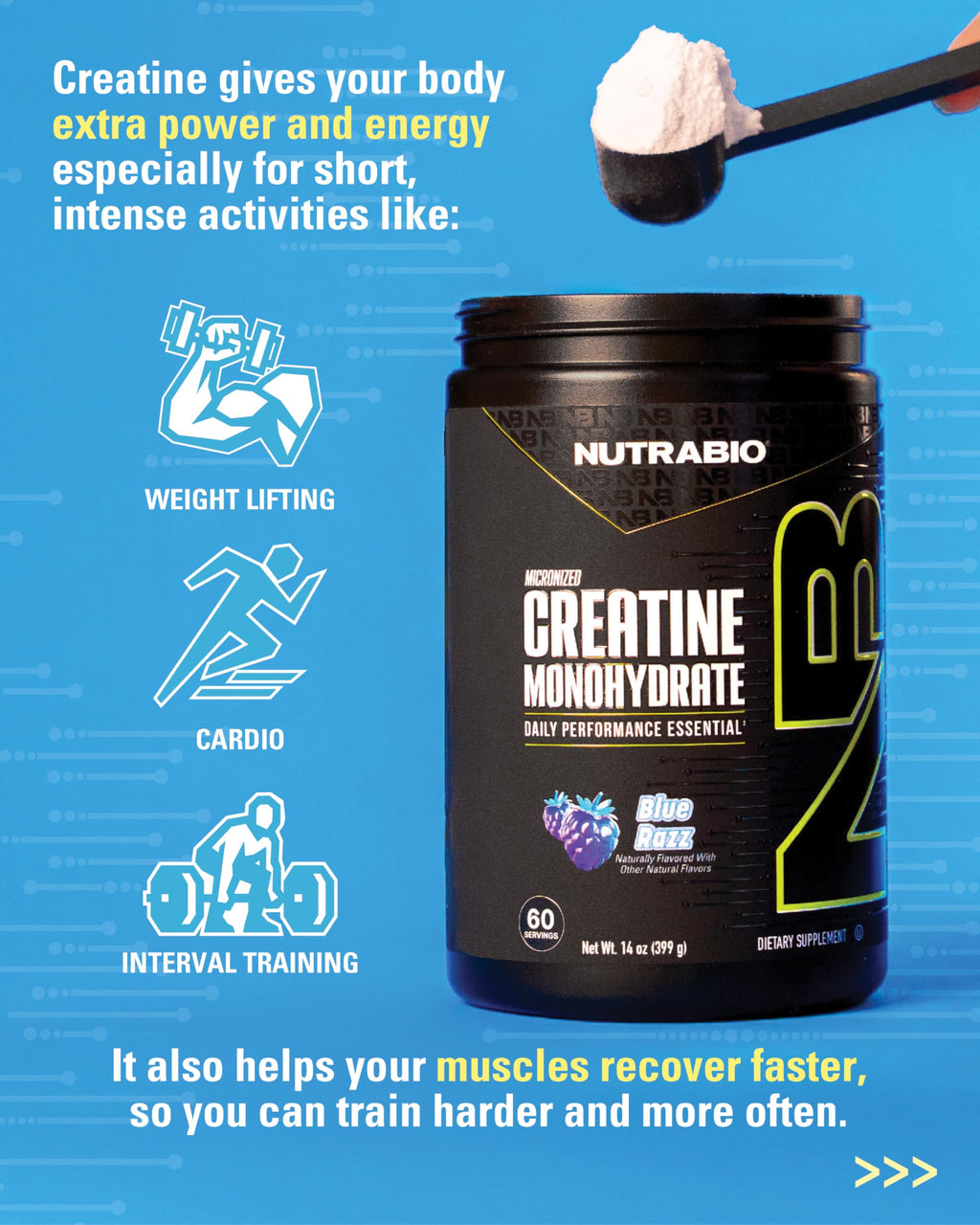 NutraBio Pure Micronized Creatine Monohydrate Powder Supplement, Blue Razz (300 g) - Supports Bulk Muscle Energy, Recovery, and Strength - HPLC Tested Creatine Powder Supplement for Men and Women