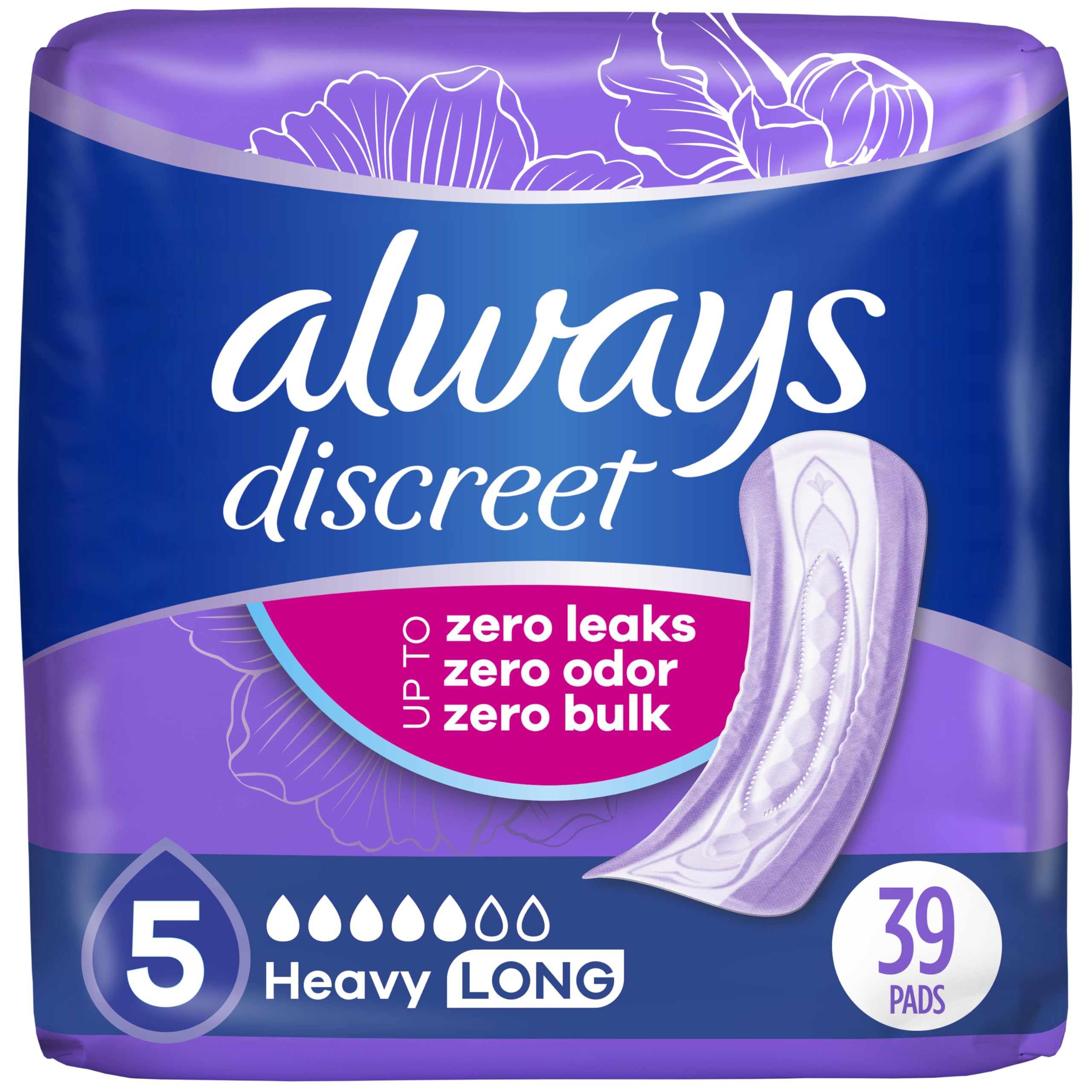 Always Discreet Incontinence Pads, 39 Count Pack of 3, Maximum | Long Length | Purple | For Women