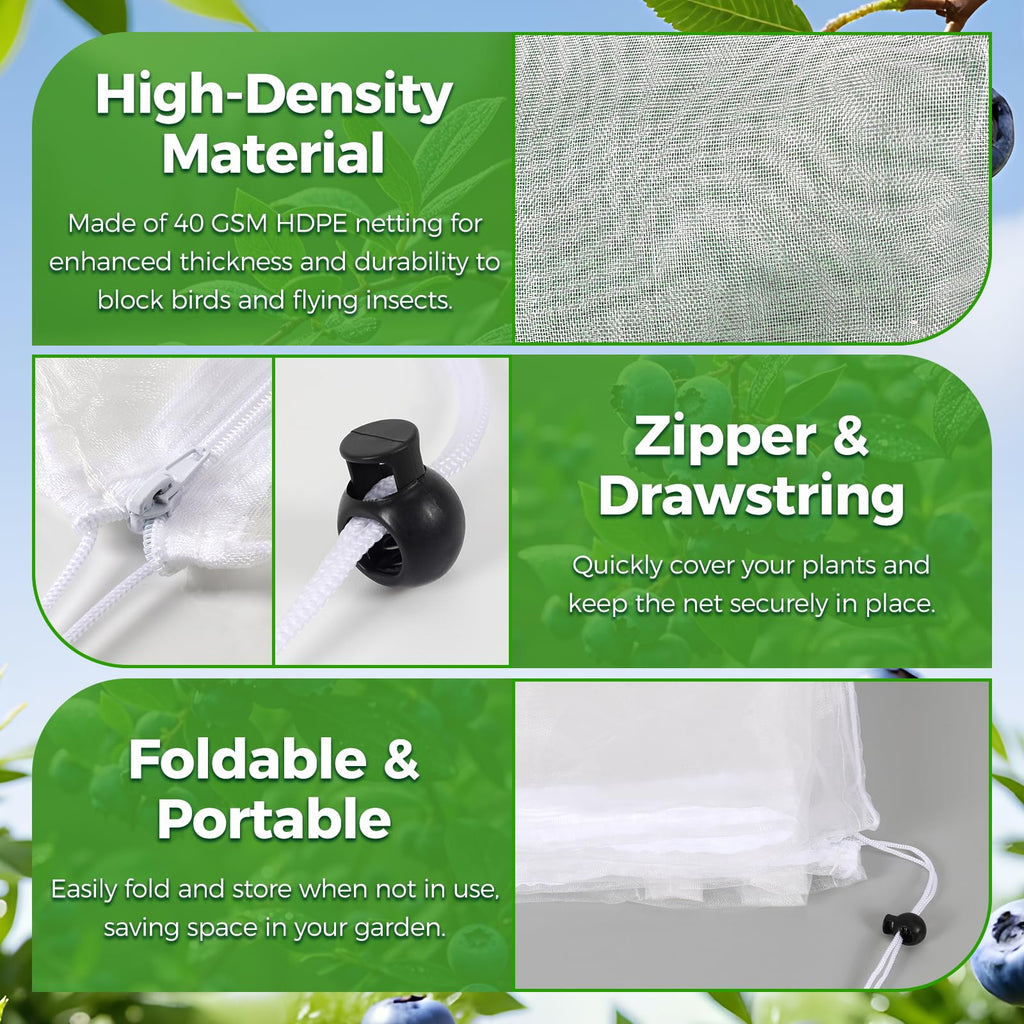 Blueberry Bush Netting Cover 2 Pack 4.5 x 4.5 ft, Bird Netting with Zipper & Drawstring, Reusable Berry Bush Netting for Blueberries & Garden Plants, Bird Deer Insect and Poultry Barrier