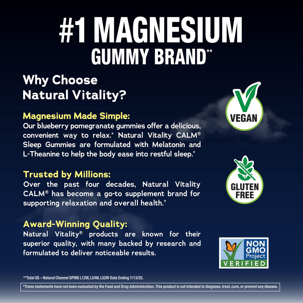 Natural Vitality SLEEP Gummies, Magnesium Supplement With Melatonin and L-Theanine, Vegan, Gluten Free, Helps the Body Ease Into Sleep, Blueberry Pomegranate 120 Count
