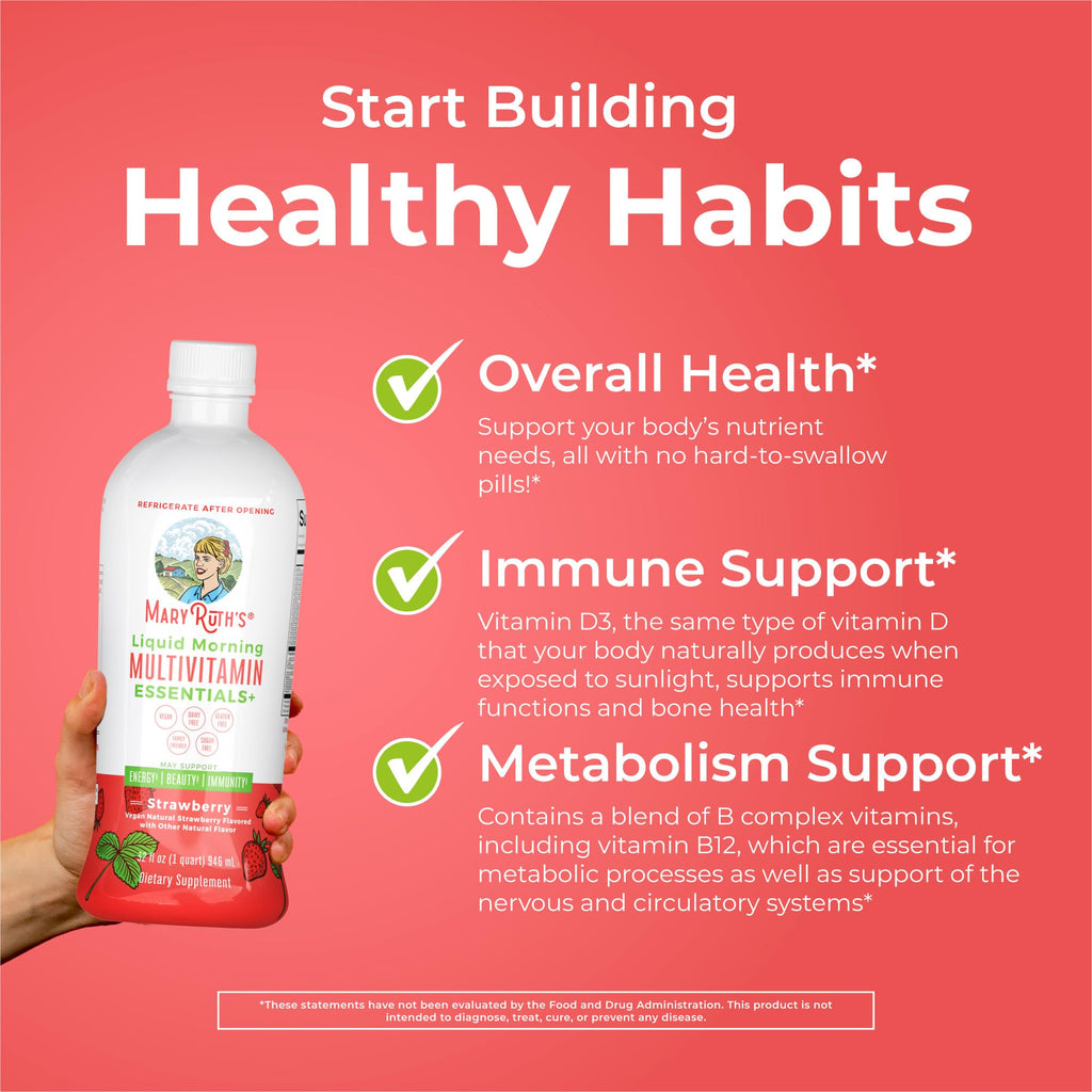 MaryRuth's Liquid Morning Multivitamin Essentials+ | Vitamin A C D E B6 B12 K2 Biotin Zinc | Mens Womens Multivitamin | Immune Support | Beauty | Sugar Free | Vitamins for Ages 1+ | Vegan | 32 Fl Oz
