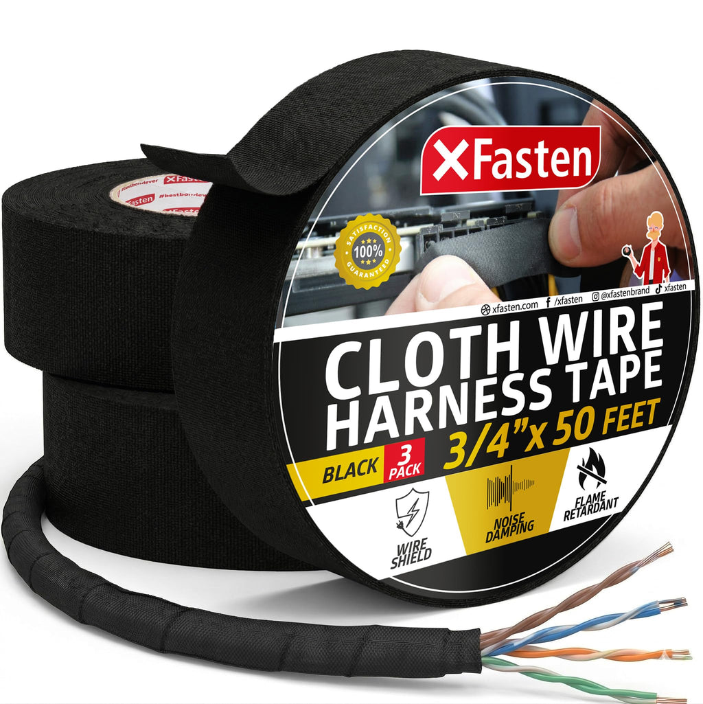 XFasten Wire Harness Tape, 3/4-Inch x 50-Foot (3-Pack), High Temp Wiring Loom Harness, Self-Adhesive Felt Cloth Electrical Tape for Automotive Engines, Noise Dampening, and Cable Protection
