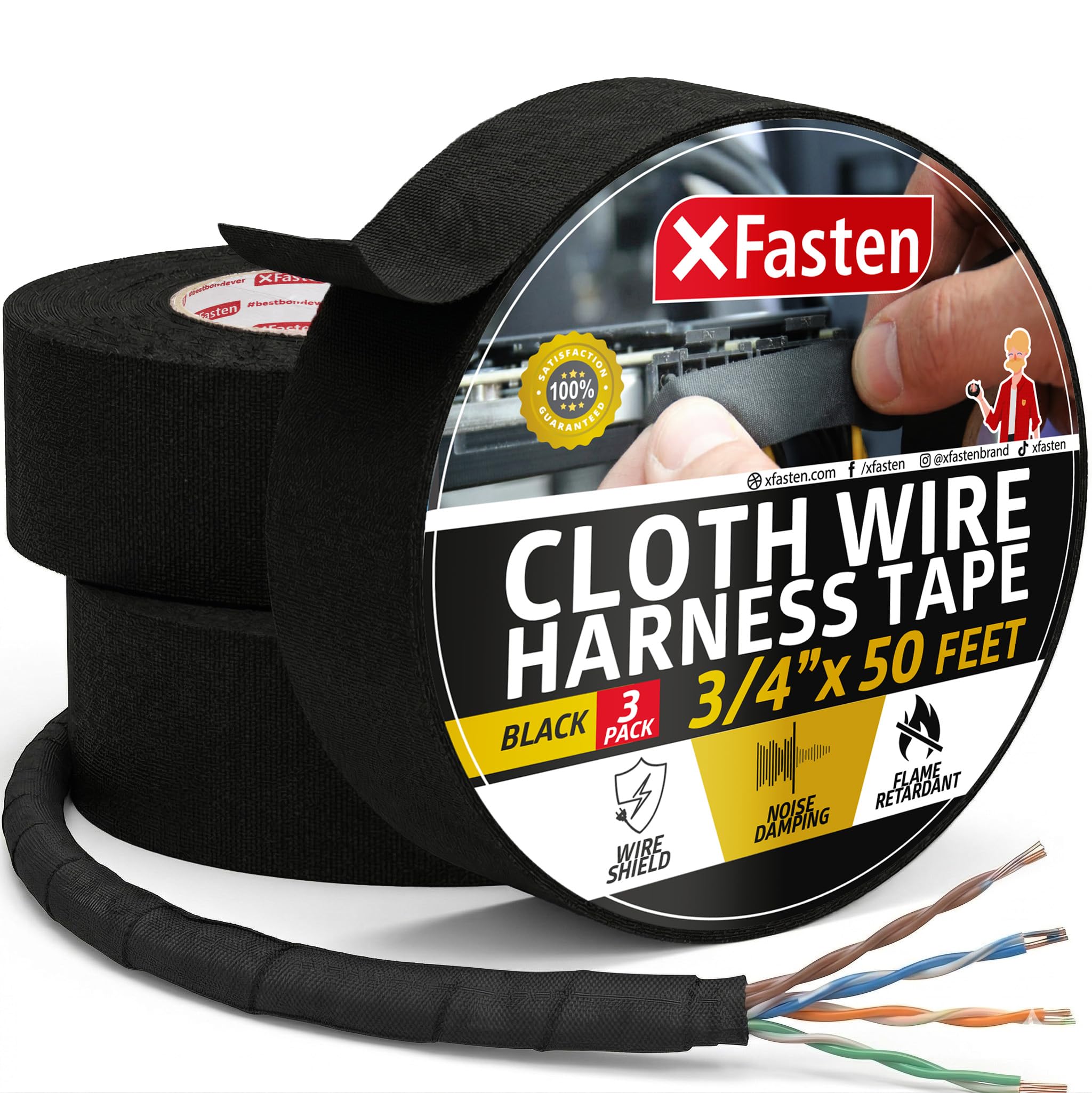 XFasten Wire Harness Tape, 3/4-Inch x 50-Foot (3-Pack), High Temp Wiring Loom Harness, Self-Adhesive Felt Cloth Electrical Tape for Automotive Engines, Noise Dampening, and Cable Protection