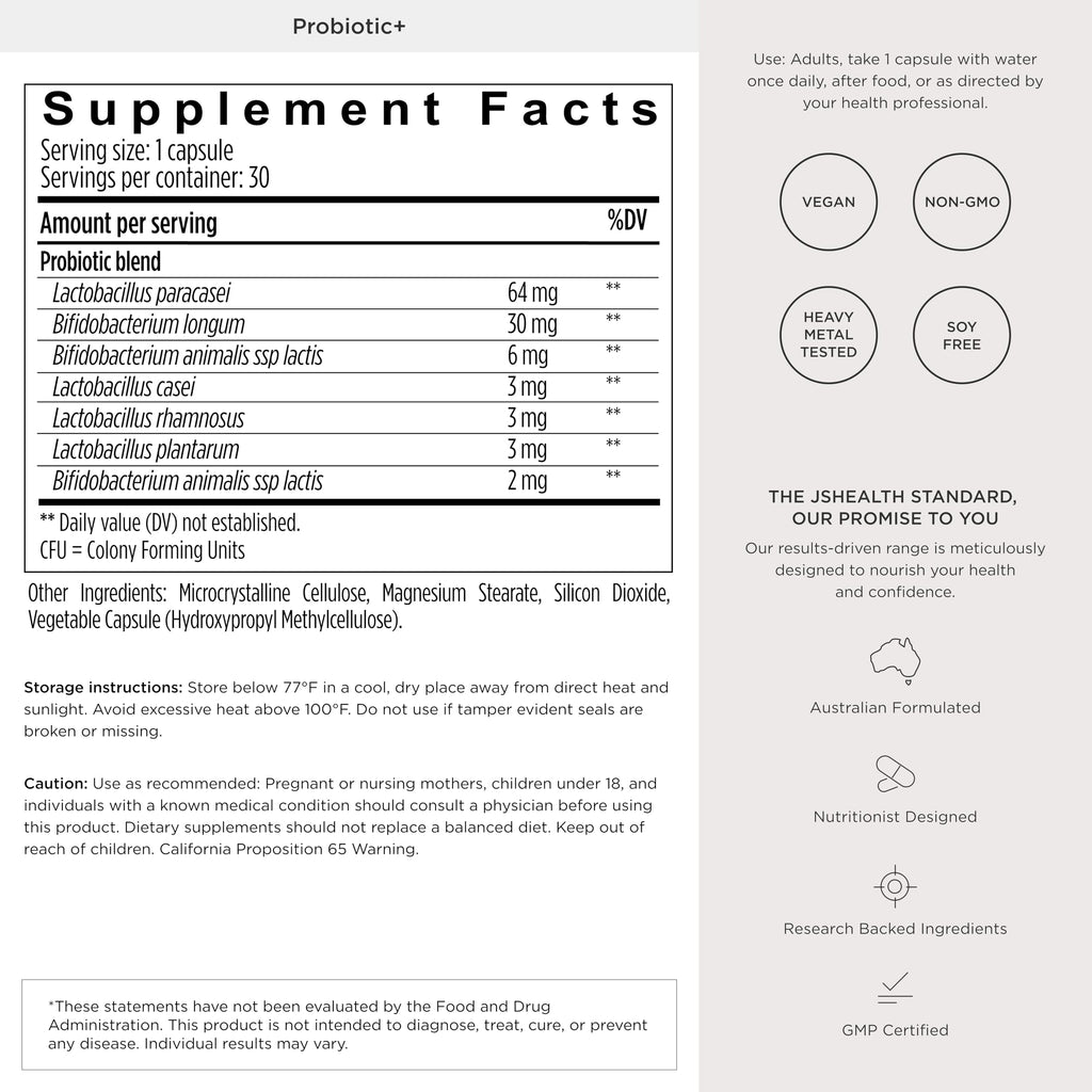 JSHealth Multi-Strain Probiotic Supplement. Advanced Gut Health Formula with 5 Clinically Studied Strains. Shelf-Stable, Vegan. By Nutritionist Jessica Sepel (30 Capsules)