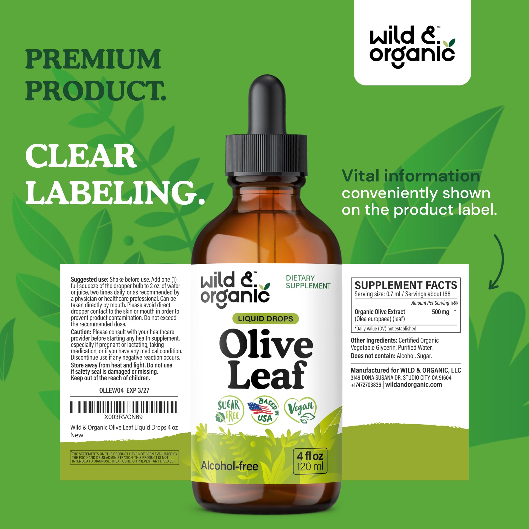 Olive Leaf Liquid Extract - Organic Olive Leaf Supplement for Immune Support - Vegan, Alcohol Free Tincture - 4 fl oz