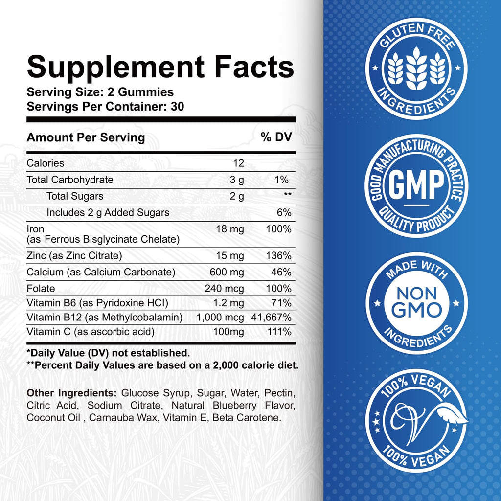 Iron Gummies - with Calcium, Zinc, Folate & Vitamin B12, C,B6 for Adults & Kids - Blood Builder & Energy Support for Iron Deficiency, Anemia, Vegan - Blueberry Flavor, 60 Gummies