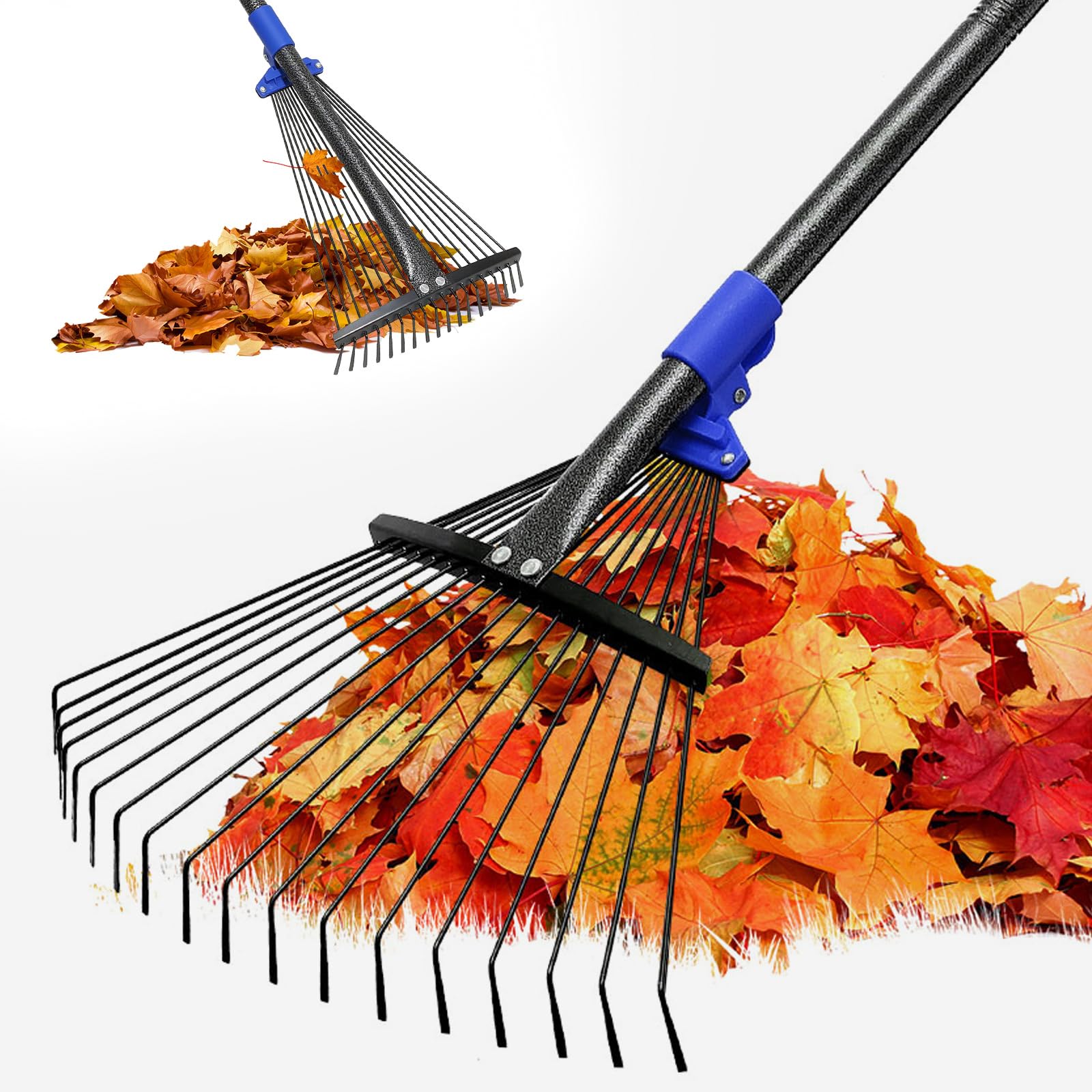 Adjustable Garden Rake for Leaves-Heavy Duty Metal Rake with 8-17" Expandable Head,Long Handle Lawn & Yard for Grass, Shrubs,Flower Beds,Camping,Outdoor Cleaning, Women & Kids