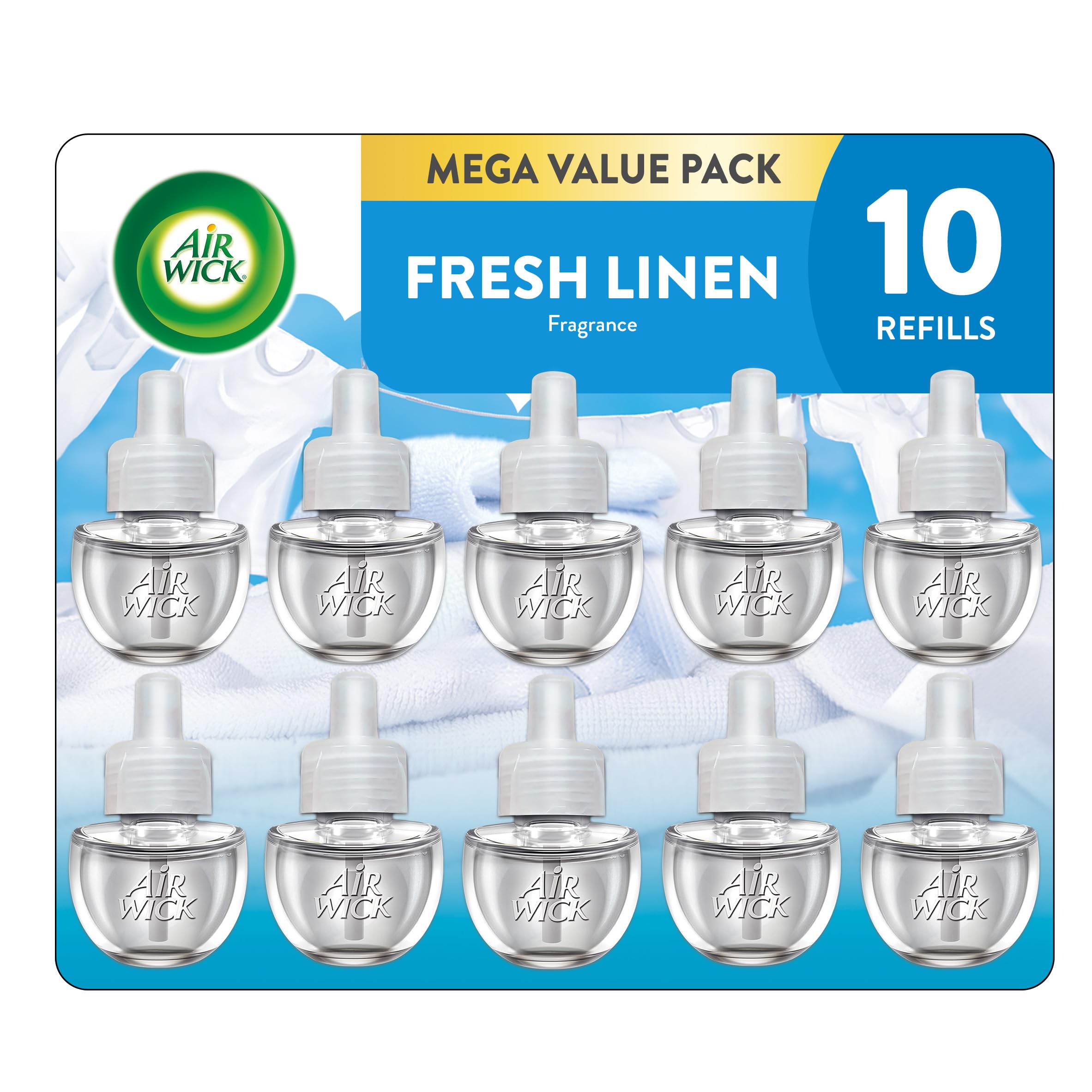 Air Wick Plug in Scented Oil Refill, 10ct, Fresh Linen, Air Freshener, Essential Oils, Eco Friendly Pack