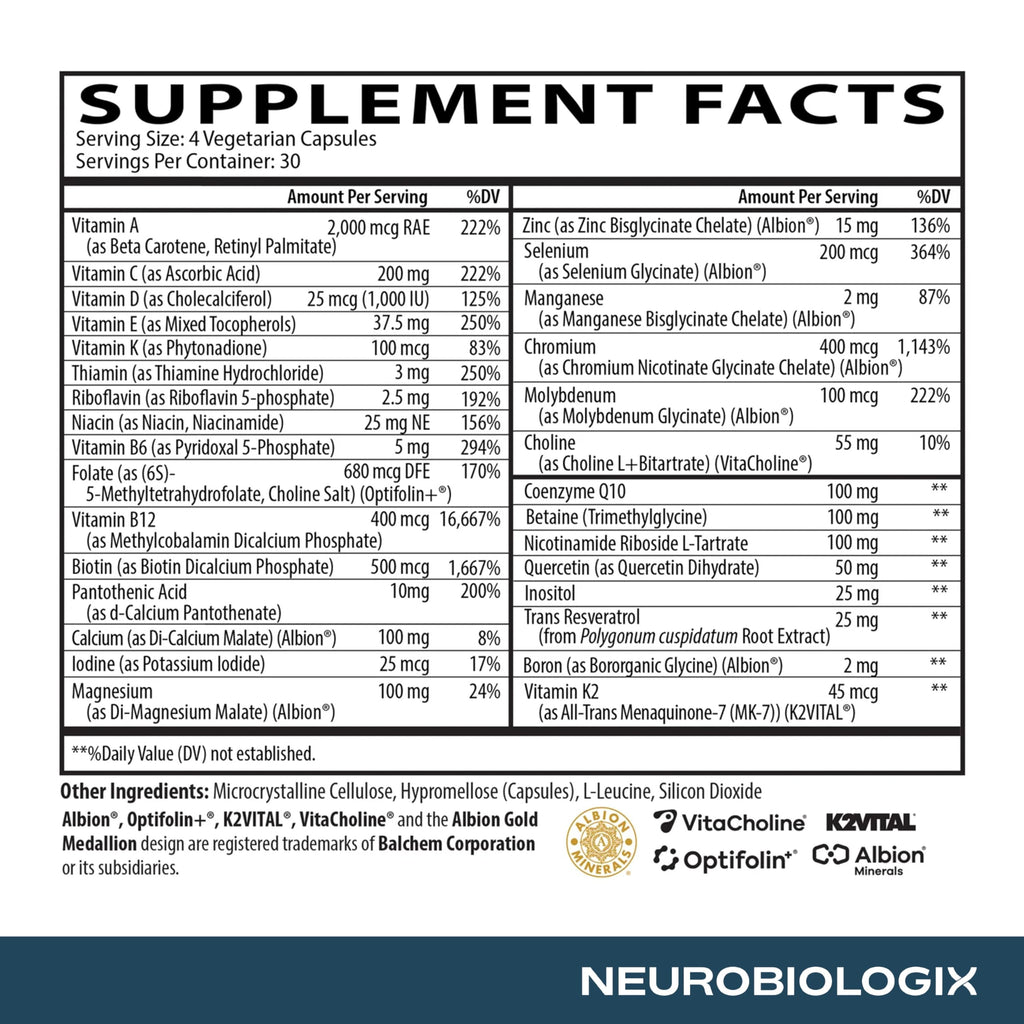 Neurobiologix Longevity Multi, Daily Multivitamin for Men & Women, Over 40 Vitamins & Minerals, NR, CoQ10 & Active B, Iron Free Vitamins for Women & Men for Energy & Wellness, 120 Capsules