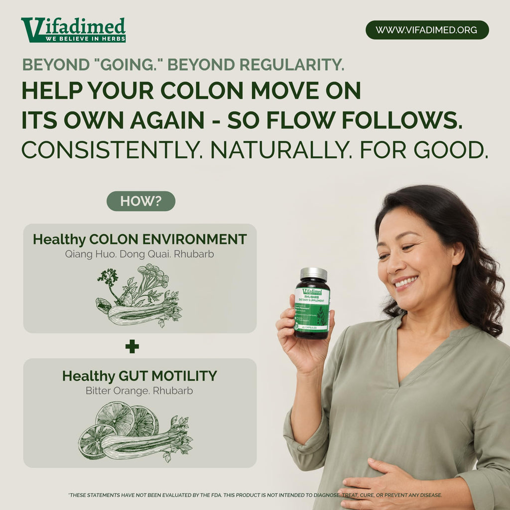 VIFADIMED Rhubarb, Bowel Movement & Constipation Relief, Prokinetics Gut Motility Activator, Regularity, Gong Today,Poop Pills.45 Capsules