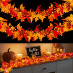 Fall Decorations for Home 9 FT Pre-lit Fall Garland with 50 LED Orange Lights, Auto Timer, 8 Lighting Modes, Waterproof Battery Operated Maple Leaf Garland for Fall Halloween Thanksgiving Decorarions