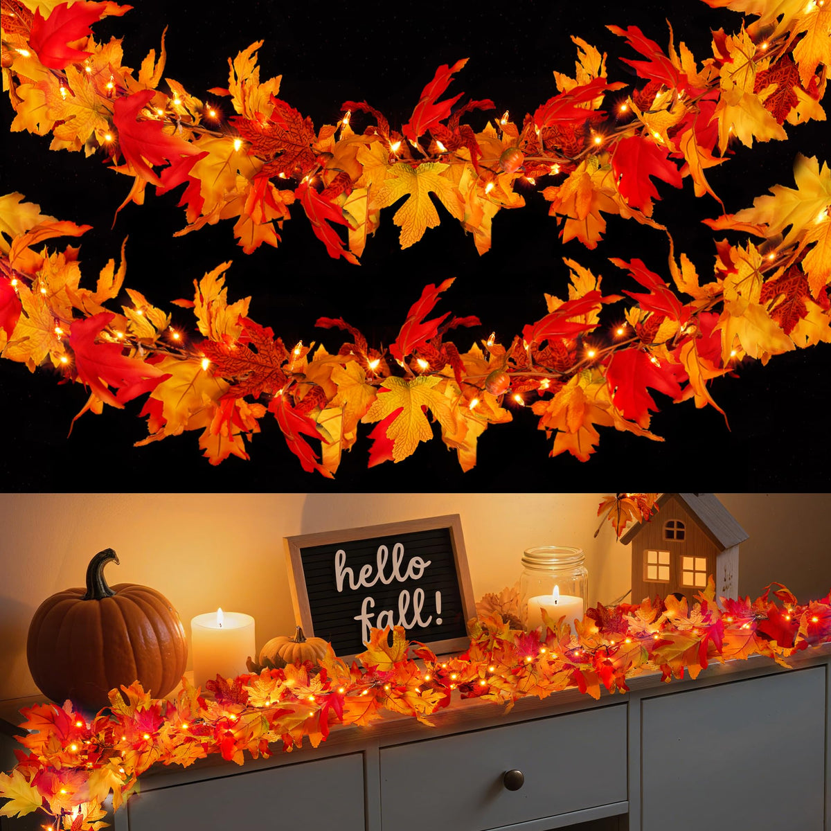 Fall Decorations for Home 9 FT Pre-lit Fall Garland with 50 LED Orange Lights, Auto Timer, 8 Lighting Modes, Waterproof Battery Operated Maple Leaf Garland for Fall Halloween Thanksgiving Decorarions