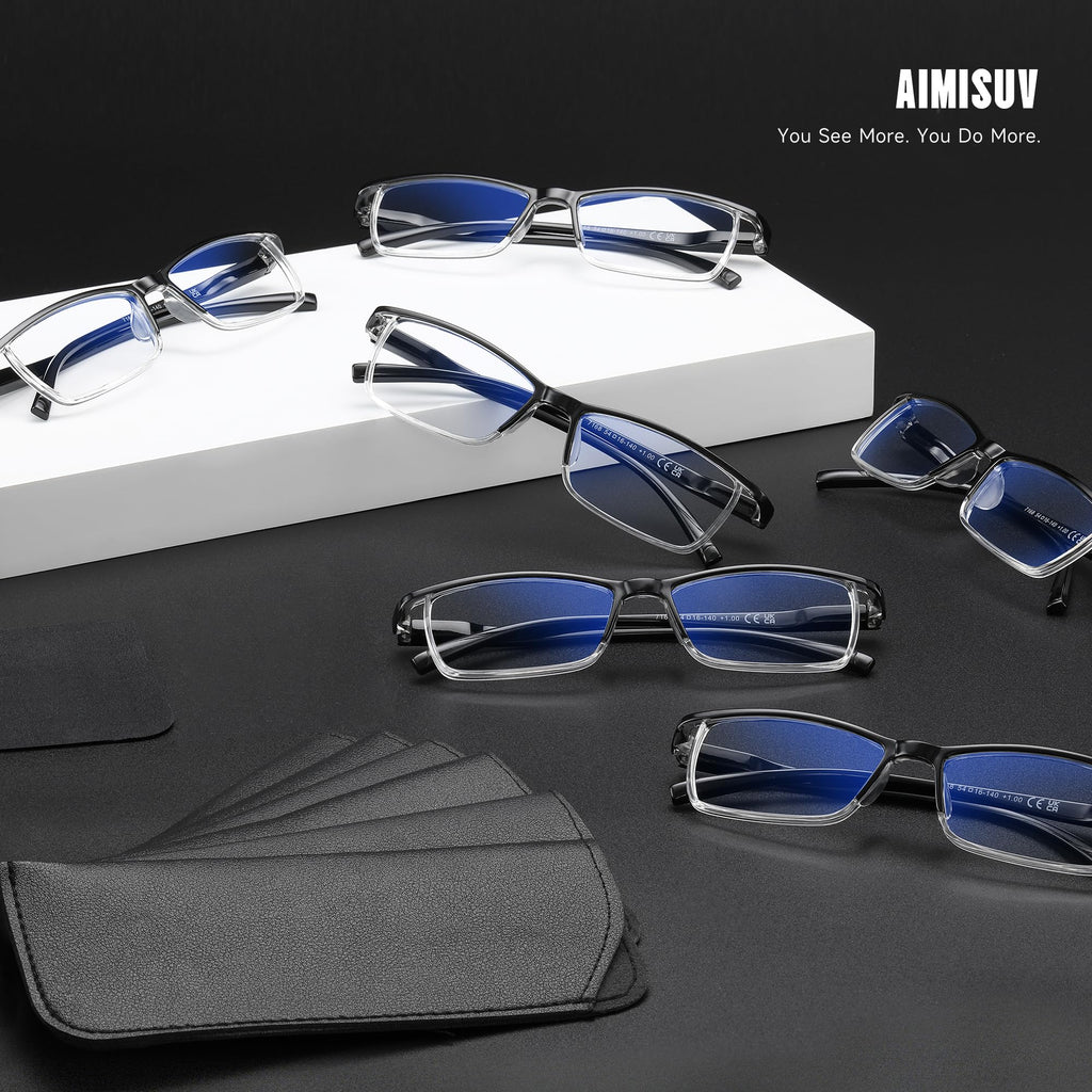AIMISUV 6Pcs Reading Glasses Men,Spring Hinge Blue Light Blocking Readers,Anti Eyestrain Computer Magnifying Eyeglasses (1.25X)