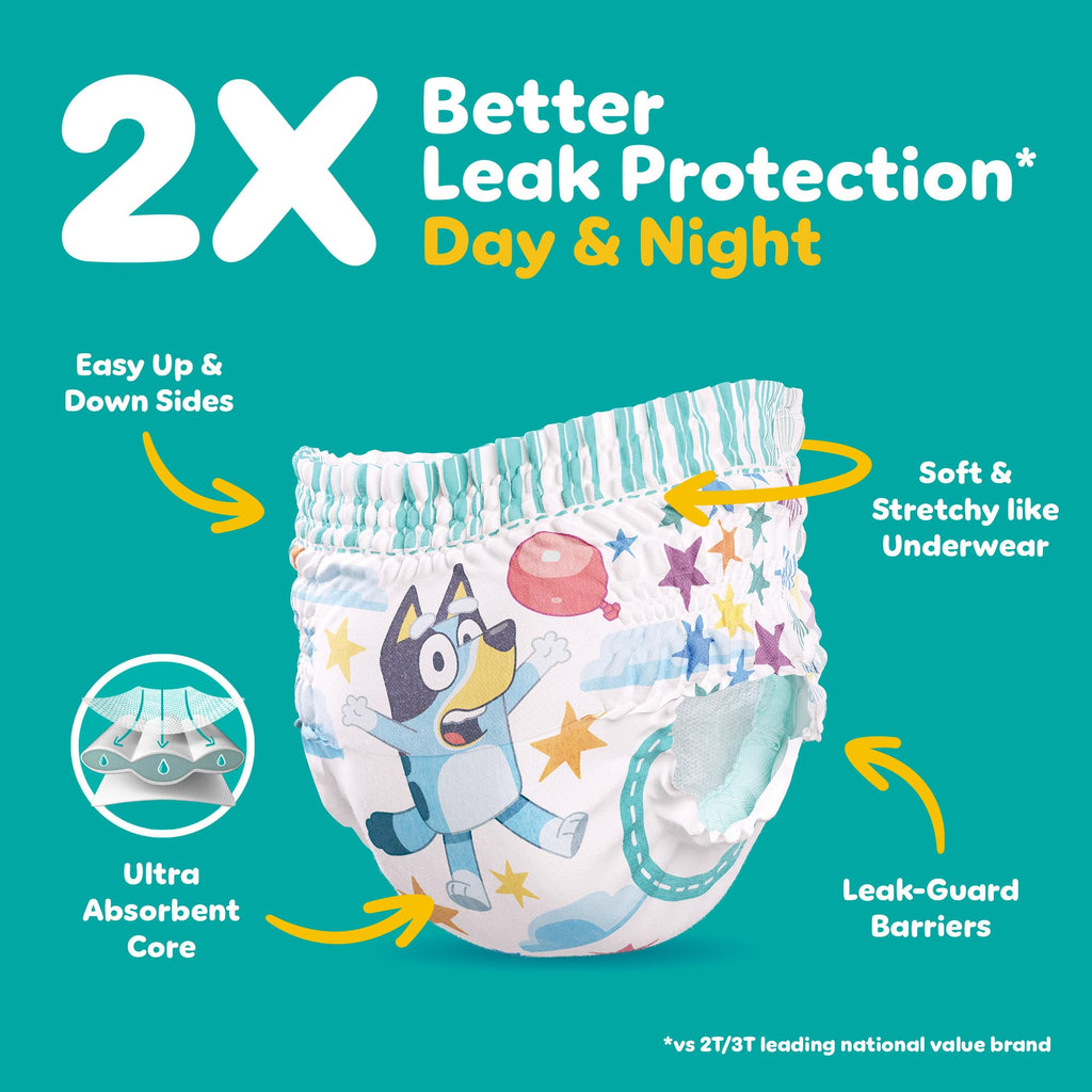 Easy Ups Girls & Boys Potty Training Pants, Size 6 (4T-5T), 104 Count, Bluey Absorbent Pull Up Training Underwear, Up to 100% Leakproof Day and Night, Hypoallergenic