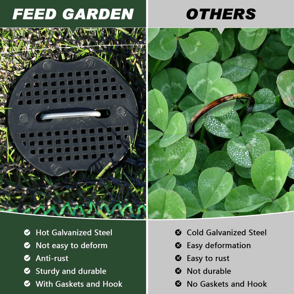 FEED GARDEN Landscape Staples 6 Inch 200 Pack Kit, Heavy Duty 11 Gauge Hot-Dip Galvanized Garden Stakes with 200 Gaskets & 1 Pick Hook for Weed Barrier, Landscape Fabric, Sod, Turf & Garden Edging