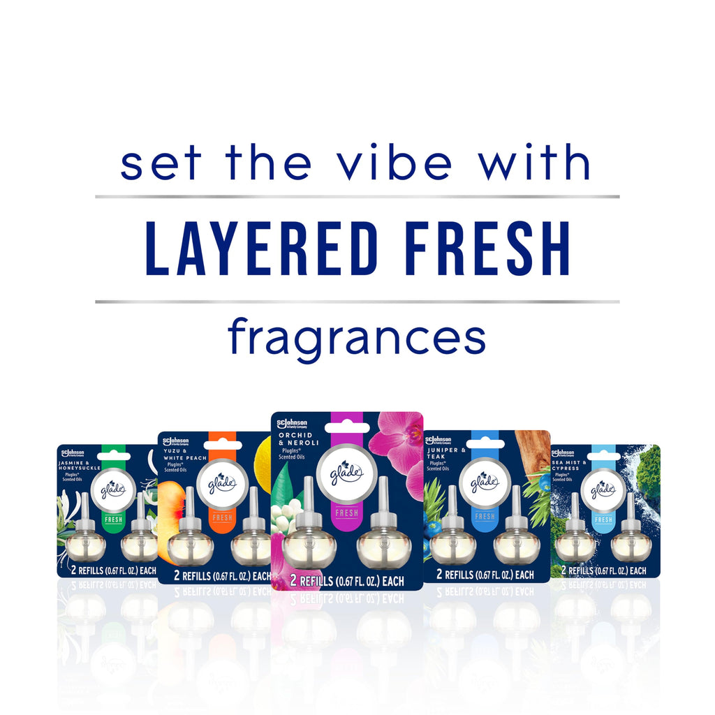 Glade PlugIns Refills Air Freshener, Scented and Essential Oils for Home and Bathroom, Juniper & Teak, Fresh Collection 3.35 Fl Oz, 5 Count