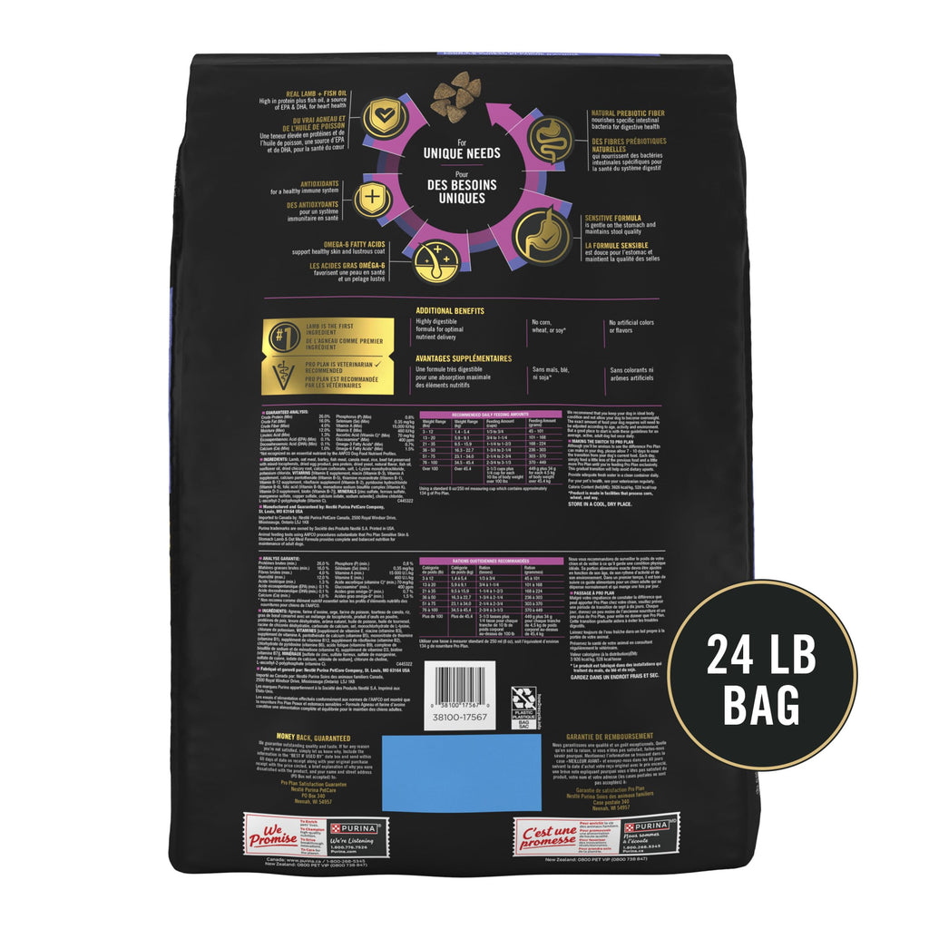 Purina Pro Plan Sensitive Skin & Stomach Dry Dog Food, Real Lamb, 24 lb Bag