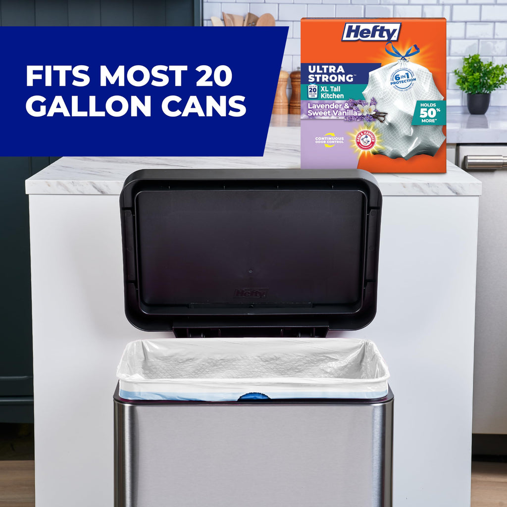 Hefty Ultra Strong 20 Gallon Trash Bags, XL Tall Kitchen Trash Bags 20 Gallon Size, Drawstring Closure, Continuous Odor Control, White, Lavender and Sweet Vanilla Scent, 80 Bags