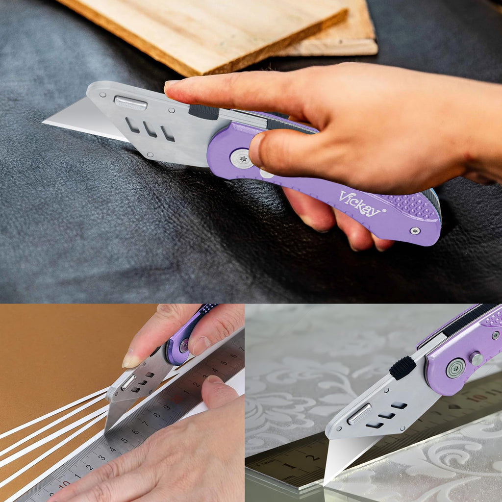 Vickay Folding Utility Knife, Box Cutter with 5 SK5 Quick Change Blades, Safety Axis Lock Design Razor Knife, Lightweight Aluminum Handle Belt Clip for Office Home Artcraft （Light Purple)