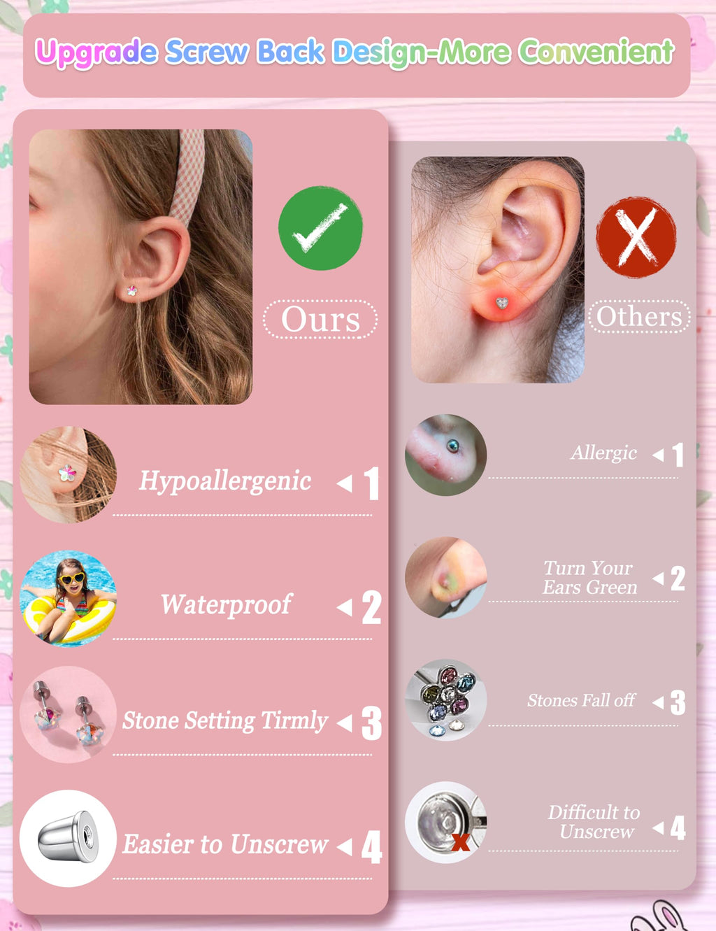 CASSIECA 16Pairs Hypoallergenic Screw Back Earrings for Girls Stud Earrings