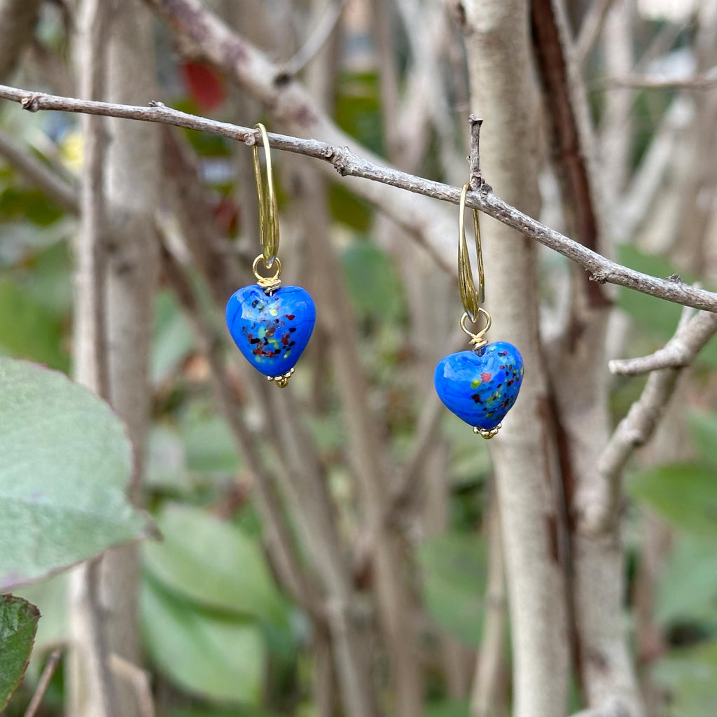 Handmade Murano Glass Heart Earrings for Women, Gold-Plated Drop Earrings, Lightweight Romantic Jewelry for Women, Anniversaries, Birthdays, Everyday Wear(Blue)