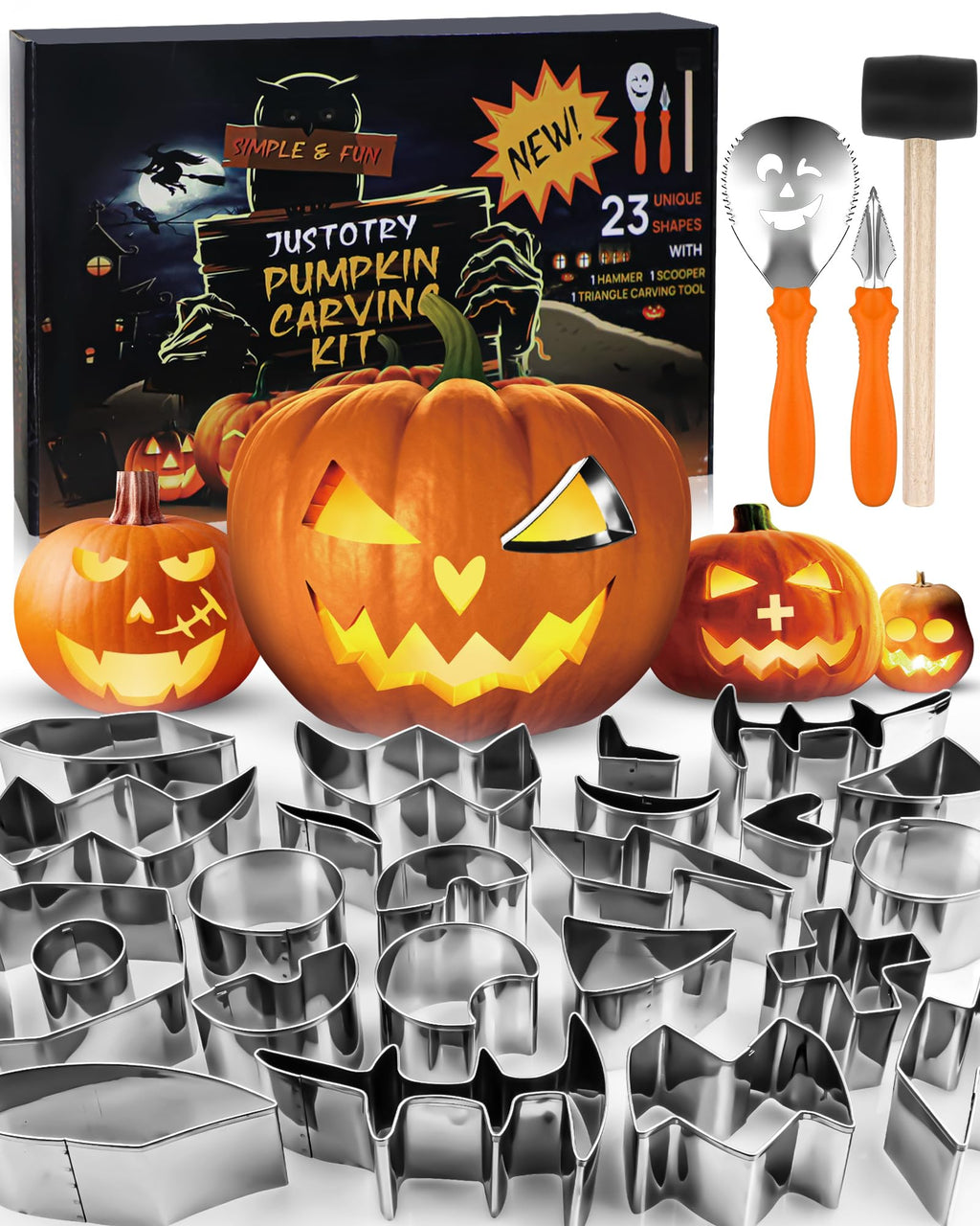 JUSTOTRY Pumpkin Carving Kit - Halloween Pumpkin Face Shape Cookie Cutters Tools Set Easy & Safe Adults Kids DIY, Stainless Steel 23 Molds with 3 Tools for Decoration Decorating Stencils Metal