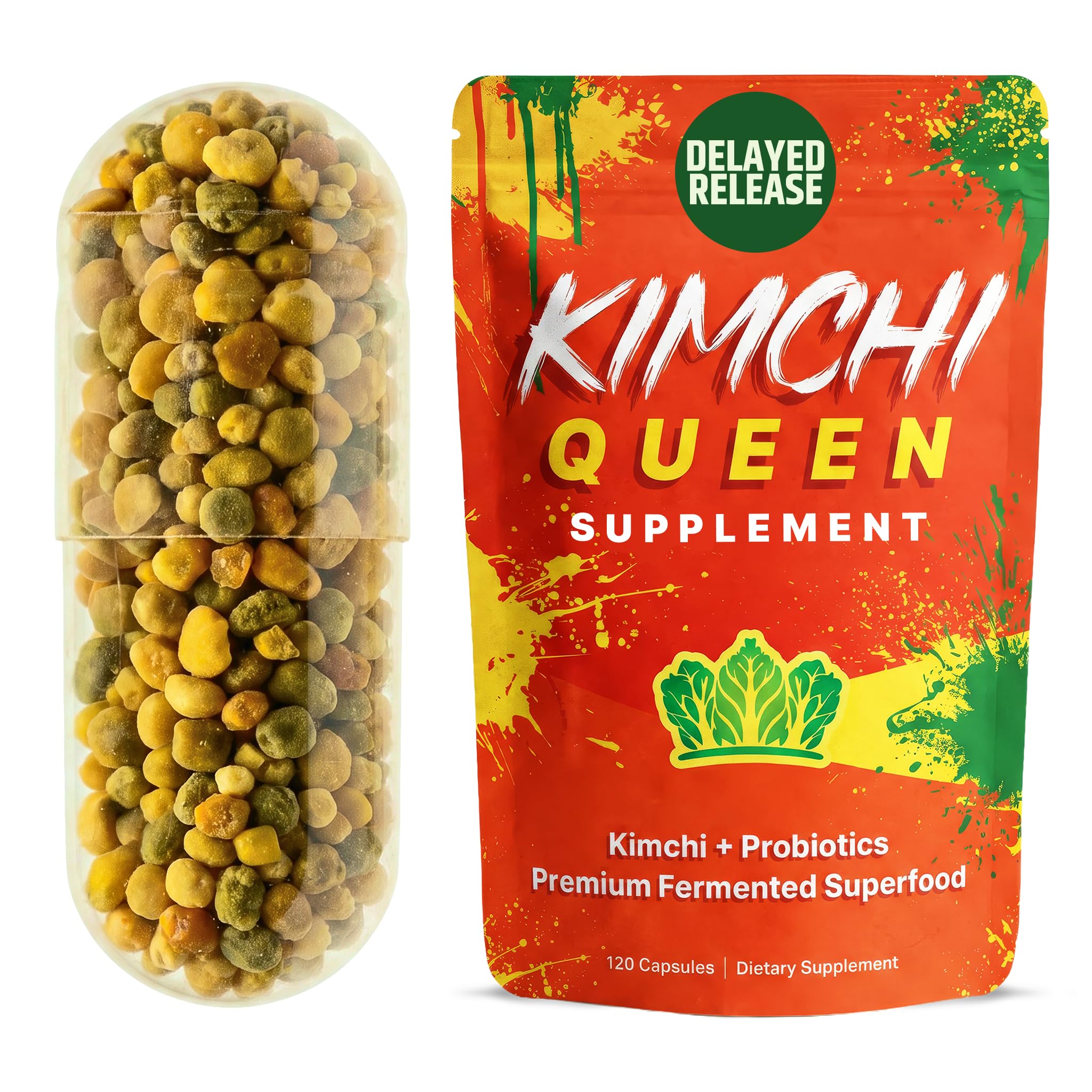 Premium Fermented Kimchi Supplement Capsules | Gut Health, Digestion, Debloat & Gut Balance Support | 5 Billion CFU Probiotics & Digestive Enzymes | Delayed Release Beadlets | 120 Vegan Capsules