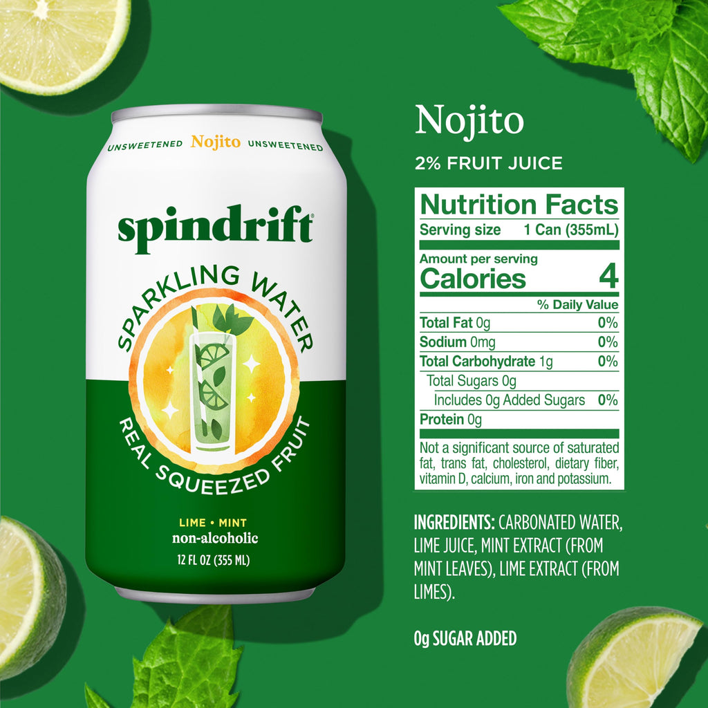 Spindrift Sparkling Water, Nojito Flavored, Made with Real Squeezed Fruit, 12 Fl Oz Cans, Pack of 24 (Only 4 Calories per Can)